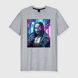 Футболка slim-fit Мона Лиза в кожаной косухе - киберпанк, цвет: меланж