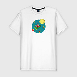 Футболка slim-fit Санта Клаус летит на ракете на Луну, цвет: белый