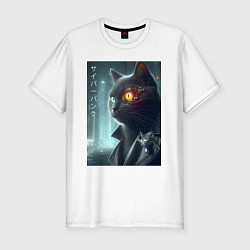 Футболка slim-fit Black cat - cyberpunk, цвет: белый