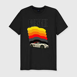 Футболка slim-fit Автомобиль Porsche на фоне флага ФРГ, цвет: черный