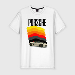 Футболка slim-fit Автомобиль Porsche на фоне флага ФРГ, цвет: белый