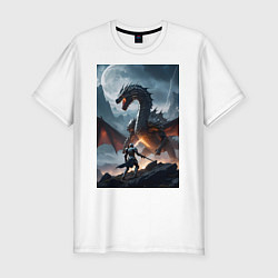 Футболка slim-fit Сражение рыцаря с драконом в стиле Demons Souls, цвет: белый