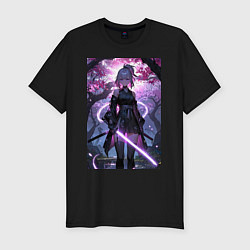 Футболка slim-fit Девушка с катаной на фоне цветущей сакуры, цвет: черный