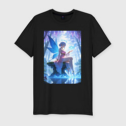 Футболка slim-fit Прекрасная фея посреди лесного пруда, цвет: черный