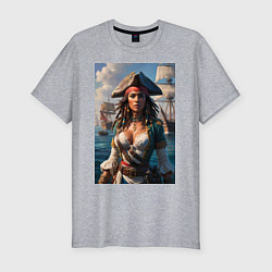 Футболка slim-fit Пиратка на фона флотилии кораблей, цвет: меланж