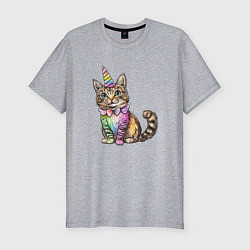Футболка slim-fit Праздничный котик в колпаке единорога, цвет: меланж