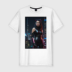 Футболка slim-fit Девушка с кошачьими ушами стоит на фоне небоскребо, цвет: белый