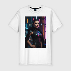 Мужская slim-футболка Девушка с кошачьими ушами стоит на фоне небоскребо