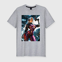 Футболка slim-fit Девушка с оружием в киберпанк стиле, цвет: меланж