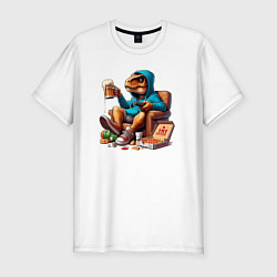 Футболка slim-fit Чувак динозавр оттягивается в кресле с пивасиком и, цвет: белый