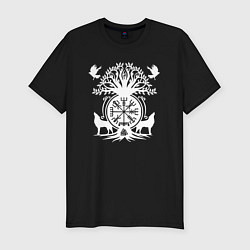 Футболка slim-fit Мистические спутники воина с символикой вегвизир, цвет: черный