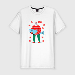 Футболка slim-fit Рыбак с уловом в руках, цвет: белый