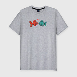 Футболка slim-fit Красная и бирюзовая рыбки с сердечками, цвет: меланж
