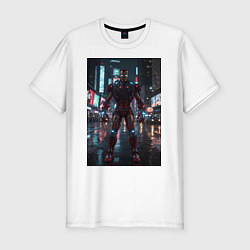 Футболка slim-fit Железный человек посреди ночного города, цвет: белый