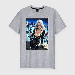 Футболка slim-fit Черная кошка с брилиантом на крыше здания, цвет: меланж