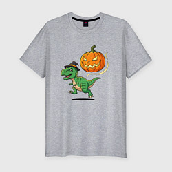 Мужская slim-футболка Динозавр волшебник и тыква