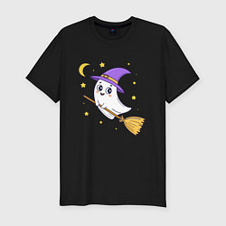 Футболка slim-fit Хэллоуин, привидение на метле, луна, цвет: черный