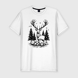 Мужская slim-футболка Олень в новогоднем лесу