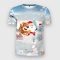 Мужская спорт-футболка Санта и тигр делают сэлфи