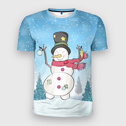 Мужская спорт-футболка Снеговик в снежном дворике