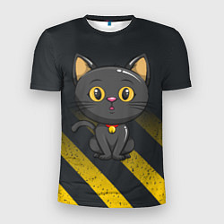 Мужская спорт-футболка Черный кот желтые полосы