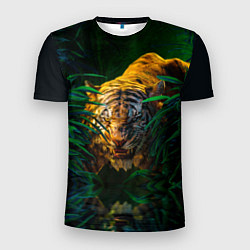 Мужская спорт-футболка Крадущийся тигр в джунглях