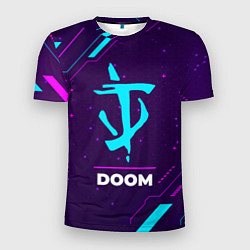 Мужская спорт-футболка Символ Doom в неоновых цветах на темном фоне