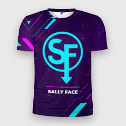 Мужская спорт-футболка Символ Sally Face в неоновых цветах на темном фоне