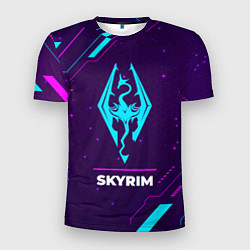 Мужская спорт-футболка Символ Skyrim в неоновых цветах на темном фоне