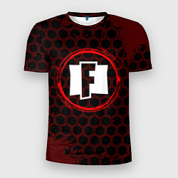 Мужская спорт-футболка Символ Fortnite и краска вокруг на темном фоне