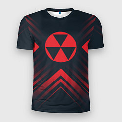 Мужская спорт-футболка Красный Символ Fallout на темном фоне со стрелками