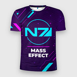 Мужская спорт-футболка Символ Mass Effect в неоновых цветах на темном фон