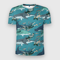Футболка спортивная мужская Ныряльщики и акулы - паттерн, цвет: 3D-принт