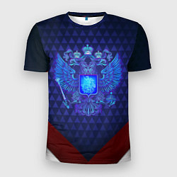 Мужская спорт-футболка Синий неоновый герб России