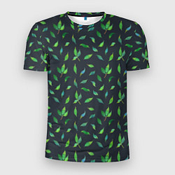Мужская спорт-футболка Зеленые листья и веточки на темном фоне