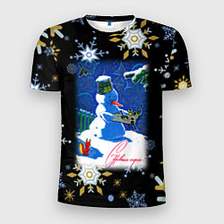 Мужская спорт-футболка Новый год снеговик и птицы