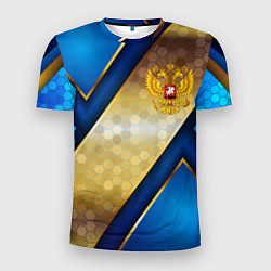 Футболка спортивная мужская Золотой герб России на синем объемном фоне, цвет: 3D-принт