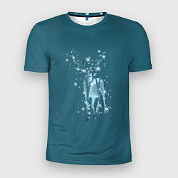 Мужская спорт-футболка Деревья и снежинки в силуэте идущего оленя