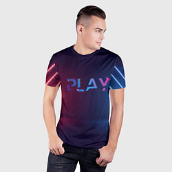Футболка спортивная мужская Play неоновые буквы и красно синие полосы, цвет: 3D-принт — фото 2