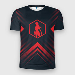 Мужская спорт-футболка Красный символ Tomb Raider на темном фоне со стрел