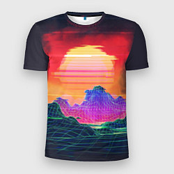Мужская спорт-футболка Синтвейв неоновые горы на закате