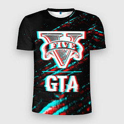 Мужская спорт-футболка GTA в стиле glitch и баги графики на темном фоне