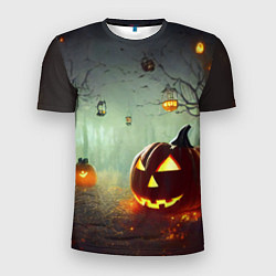 Мужская спорт-футболка Тыква на Хэллоуин в ночном туманном лесу