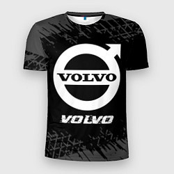 Мужская спорт-футболка Volvo speed на темном фоне со следами шин