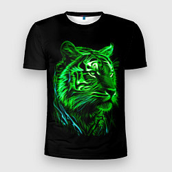 Мужская спорт-футболка Нейросеть: неоновый зелёный тигр