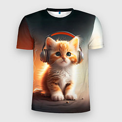 Мужская спорт-футболка Милый рыжий котёнок в наушниках