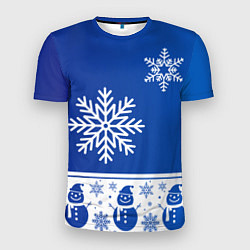 Мужская спорт-футболка Снеговики в снежинках синие