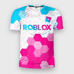 Мужская спорт-футболка Roblox neon gradient style: символ сверху