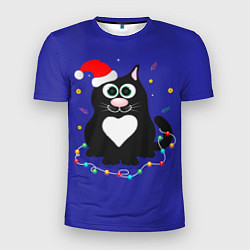 Футболка спортивная мужская Черный пушистый кот в шапке Санта Клауса, цвет: 3D-принт