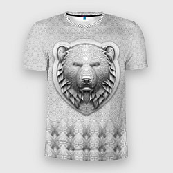 Мужская спорт-футболка Медведь чёрно-белый барельеф с этническим орнамент